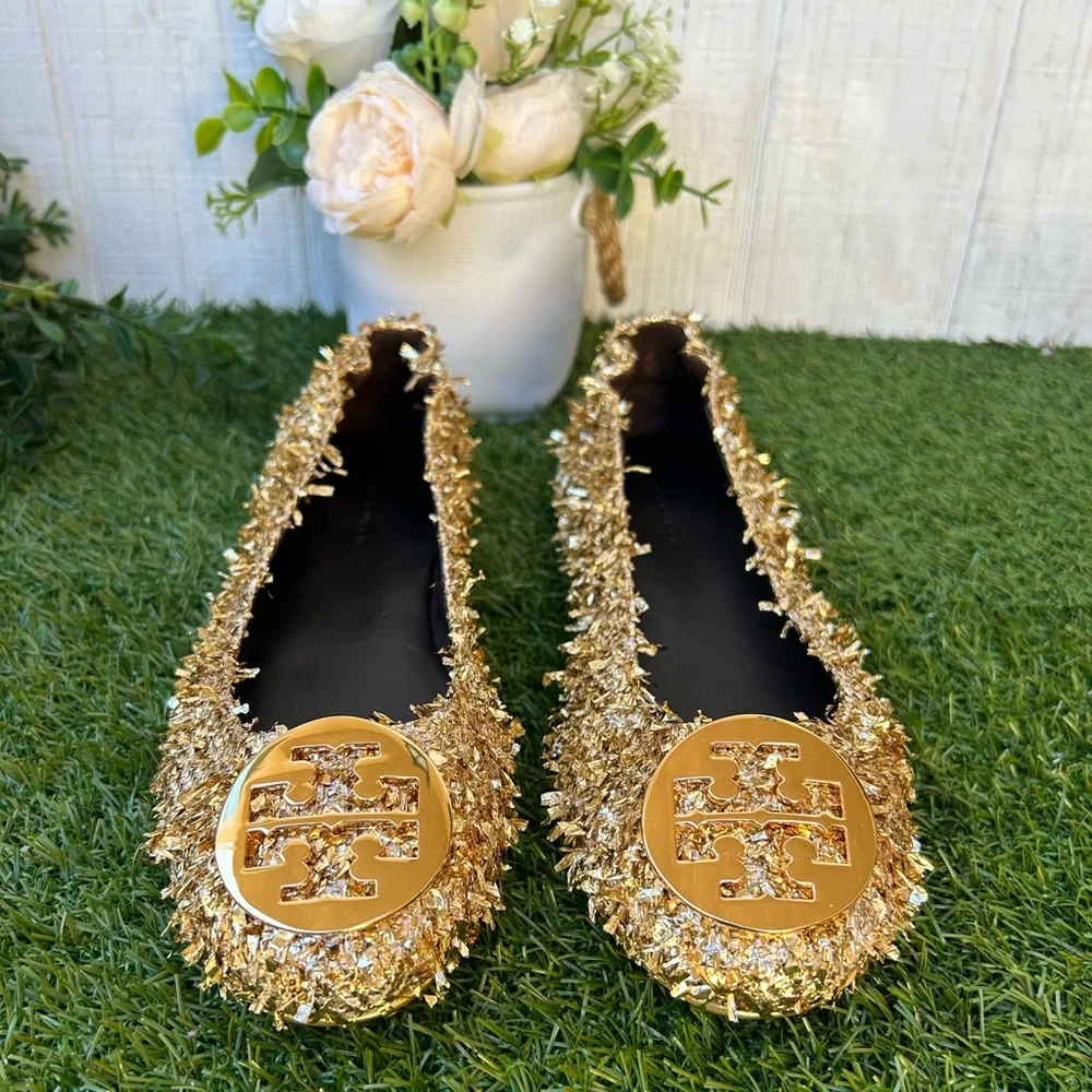 TORY BURCH MINNIE TRAVEL BALLET Color: Gold / Gold WOMEN SIZE 7.5 NEW